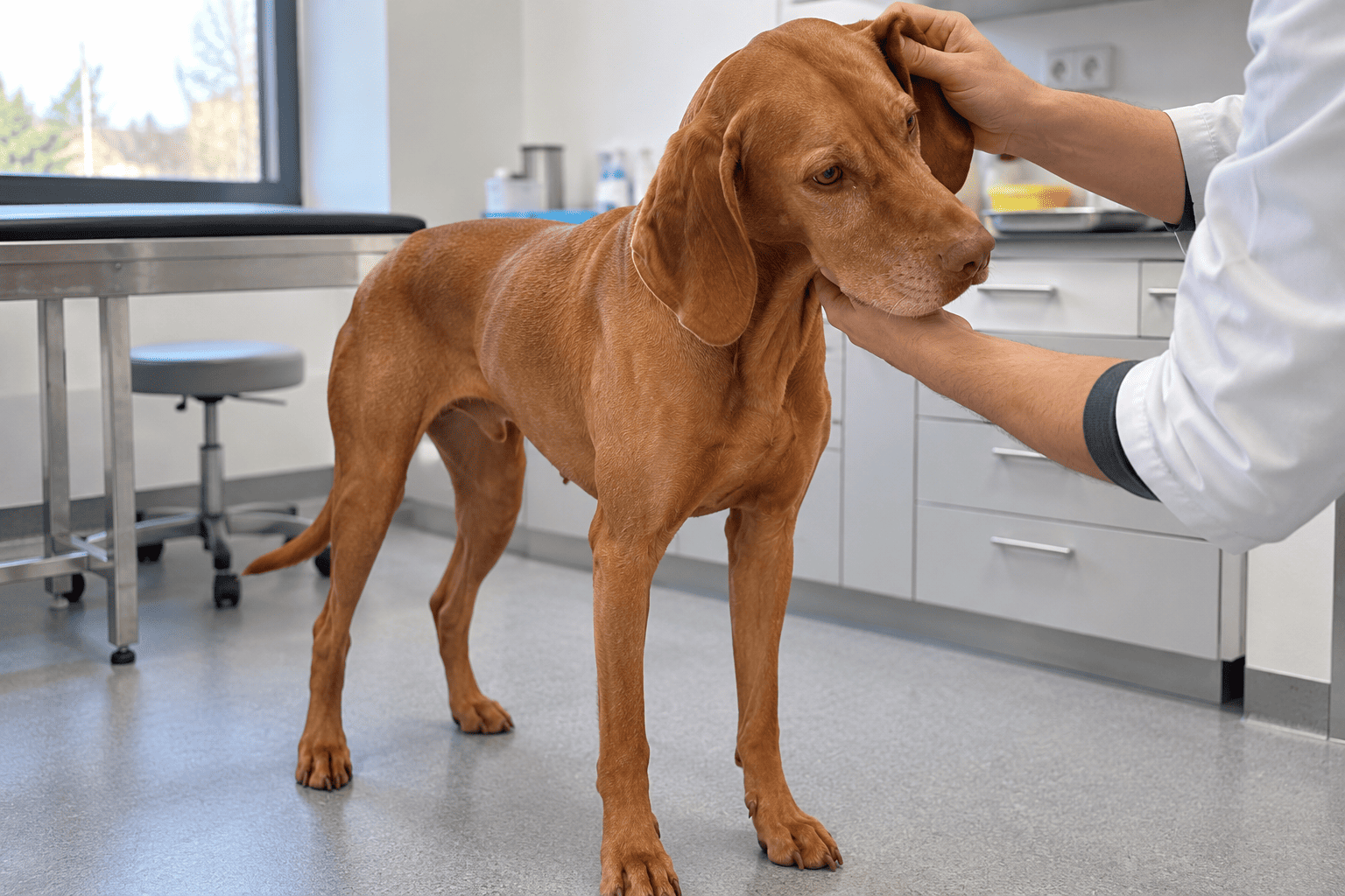 Veterinár pokojne vyšetruje maďarskú vyžlu v ambulancii